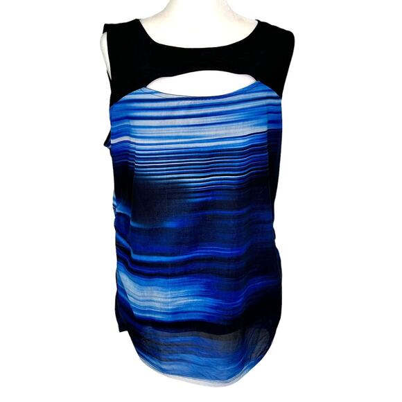 Lane Bryant Black Blue Striped Sleeveless Top Cut Out Design Ruched Sides - Picture 1 of 9